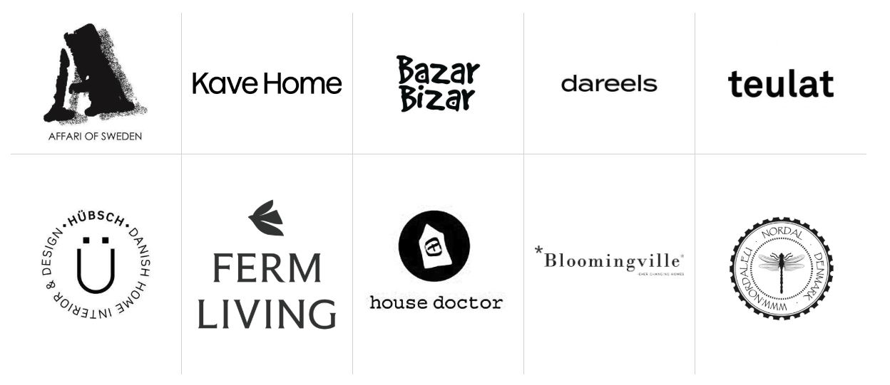 Marcas con las que trabaja Vackart: Affari of Sweden, Kave Home, Bazar Bizar, Dareels, Teulat, Hübsch, Ferm Living, House Doctor, Bloomingville, Nordal